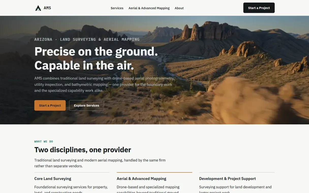 Desktop view of the AMS Surveying website (Land surveying & aerial mapping), built by The Website's Website