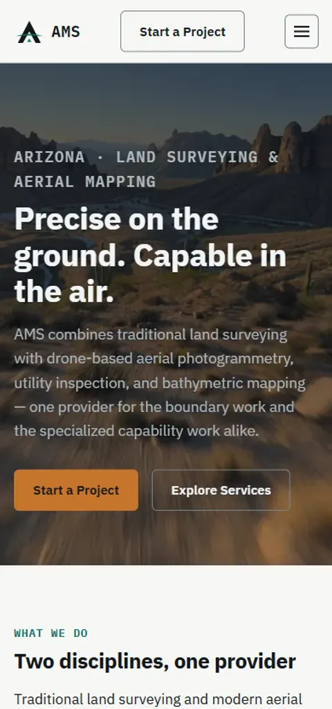 Mobile view of the AMS Surveying website (Land surveying & aerial mapping), built by The Website's Website