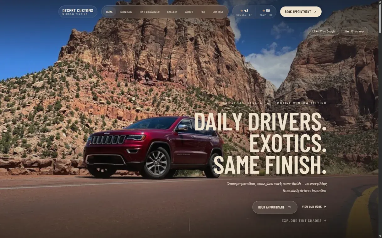 Desktop view of the Desert Customs Window Tinting website build (Automotive window tinting), in development by The Website's Website — not yet live
