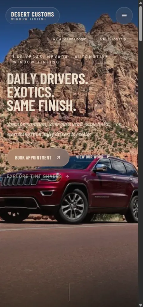 Mobile view of the Desert Customs Window Tinting website build (Automotive window tinting), in development by The Website's Website — not yet live