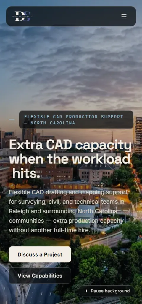 Mobile view of the Drafting Support LLC website (CAD drafting support), built by The Website's Website