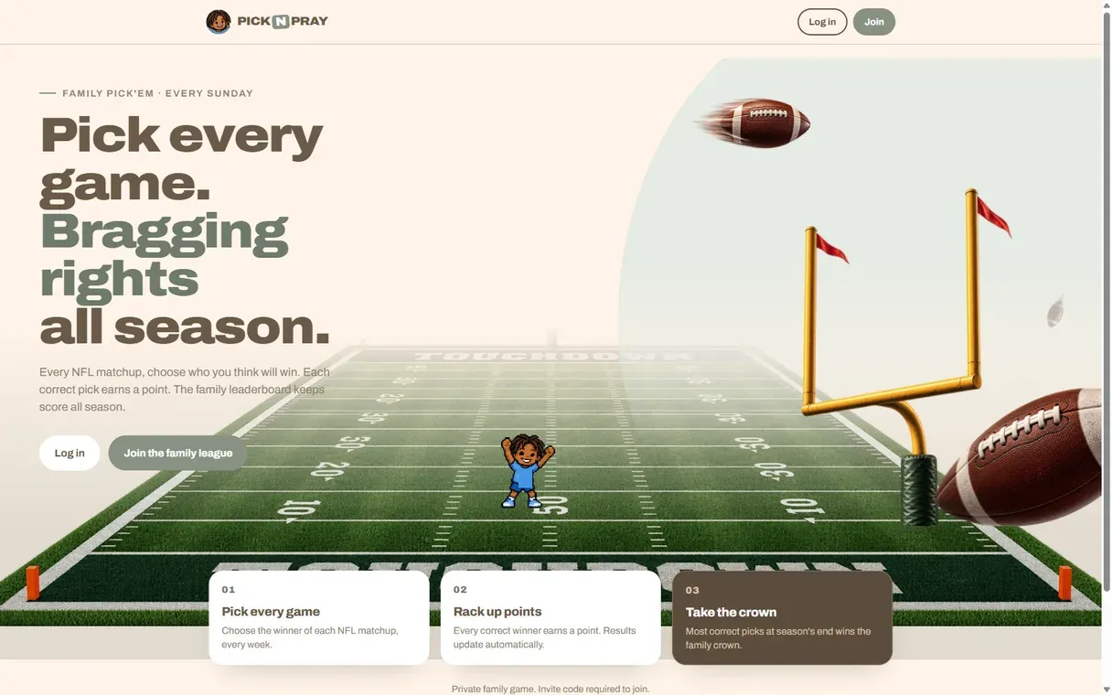 Desktop view of the Pick N Pray website (Sports pick'em web app), built by The Website's Website