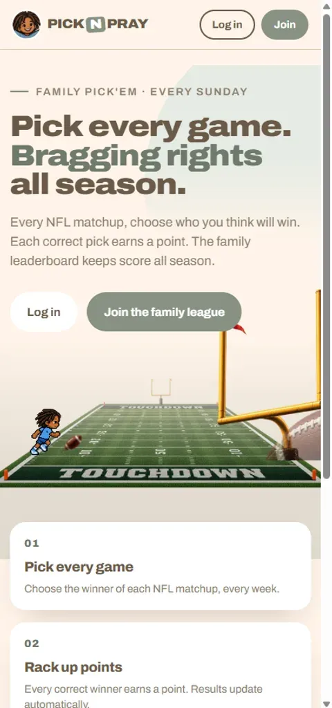 Mobile view of the Pick N Pray website (Sports pick'em web app), built by The Website's Website